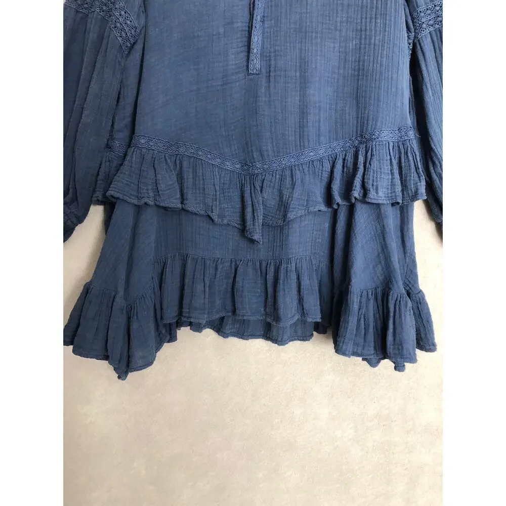 Free People Big Dipper Mini Dress Ruffle Long Sleeve Blue Women's Medium NEW
